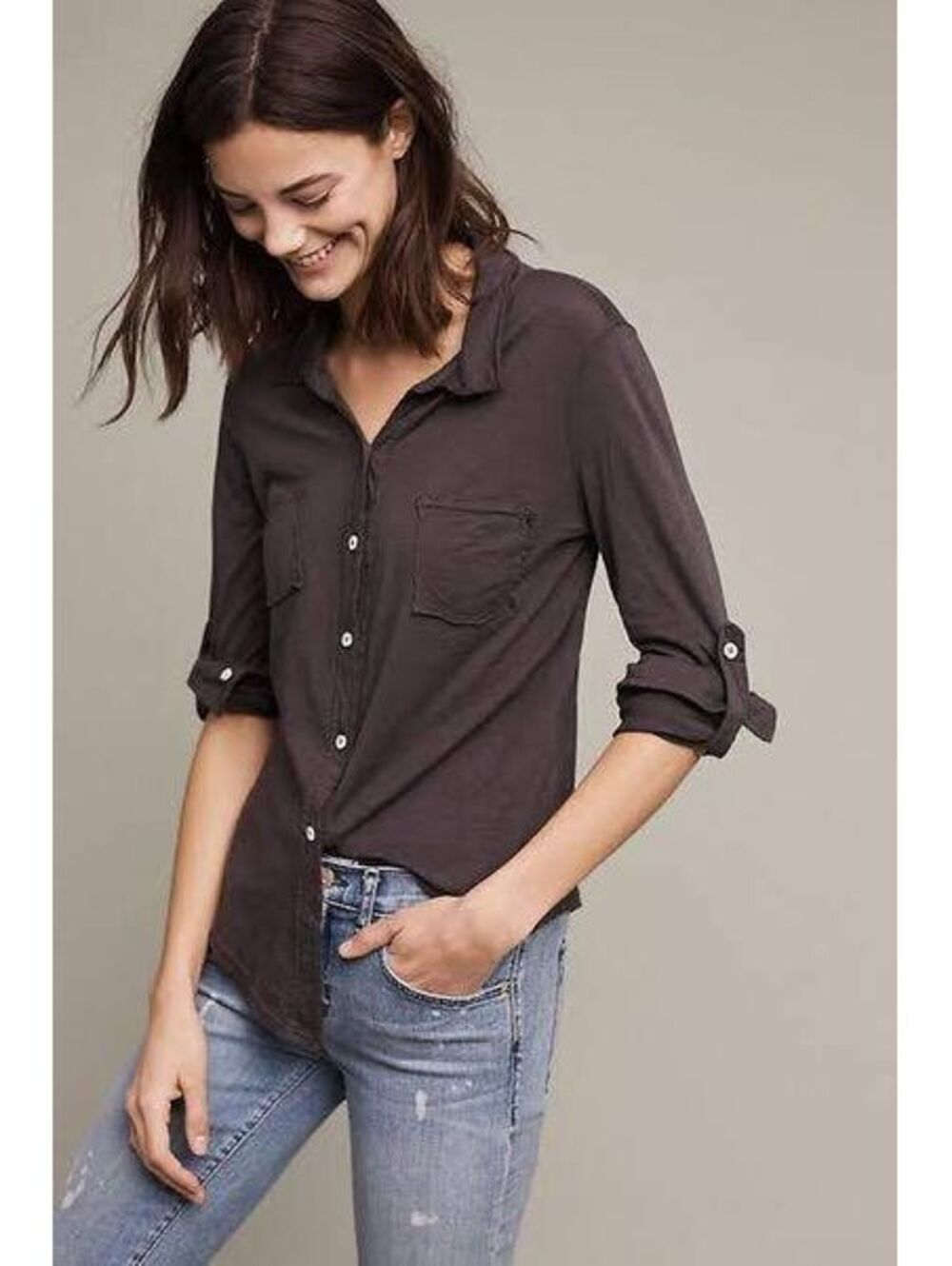 Michael Stars Women's Slate Grey Cotton Blend 3/4 Sleeve Button Down Size OS EUC